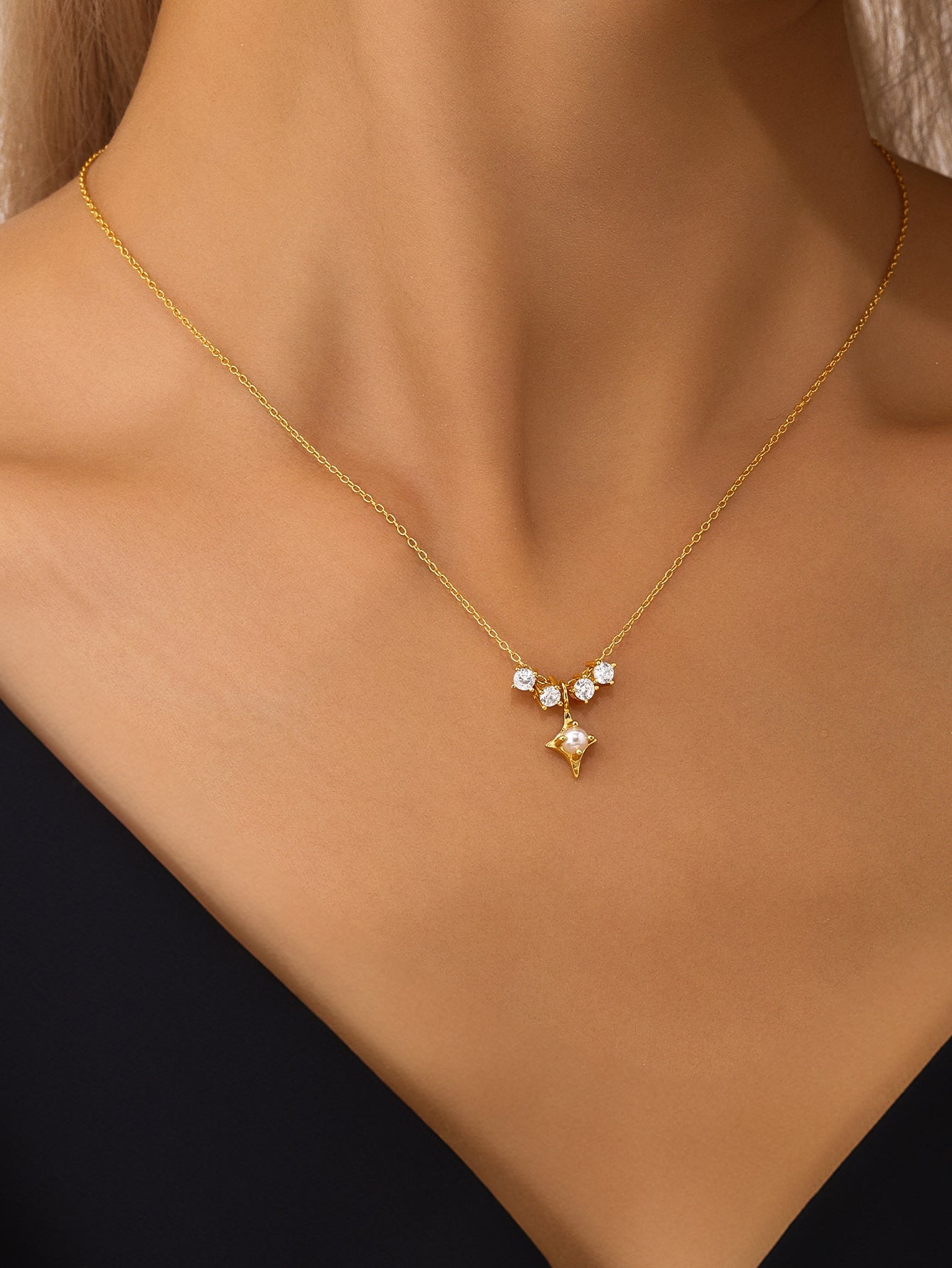S925 Sterling Silver Flowing Zirconia Quadrangle Pearl Necklace