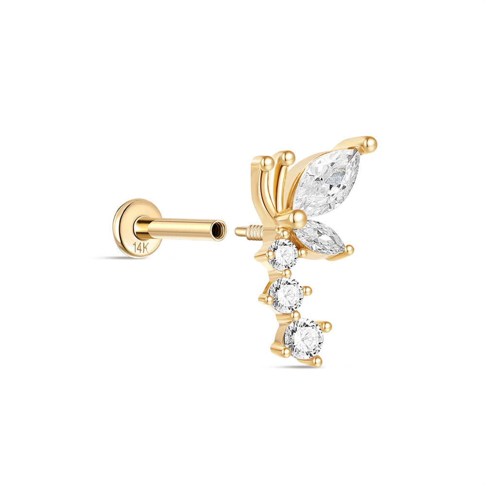 14K Solid Gold Marquise-Cut CZ Dragonfly Flat Head Threaded Cartilage Piercing Stud