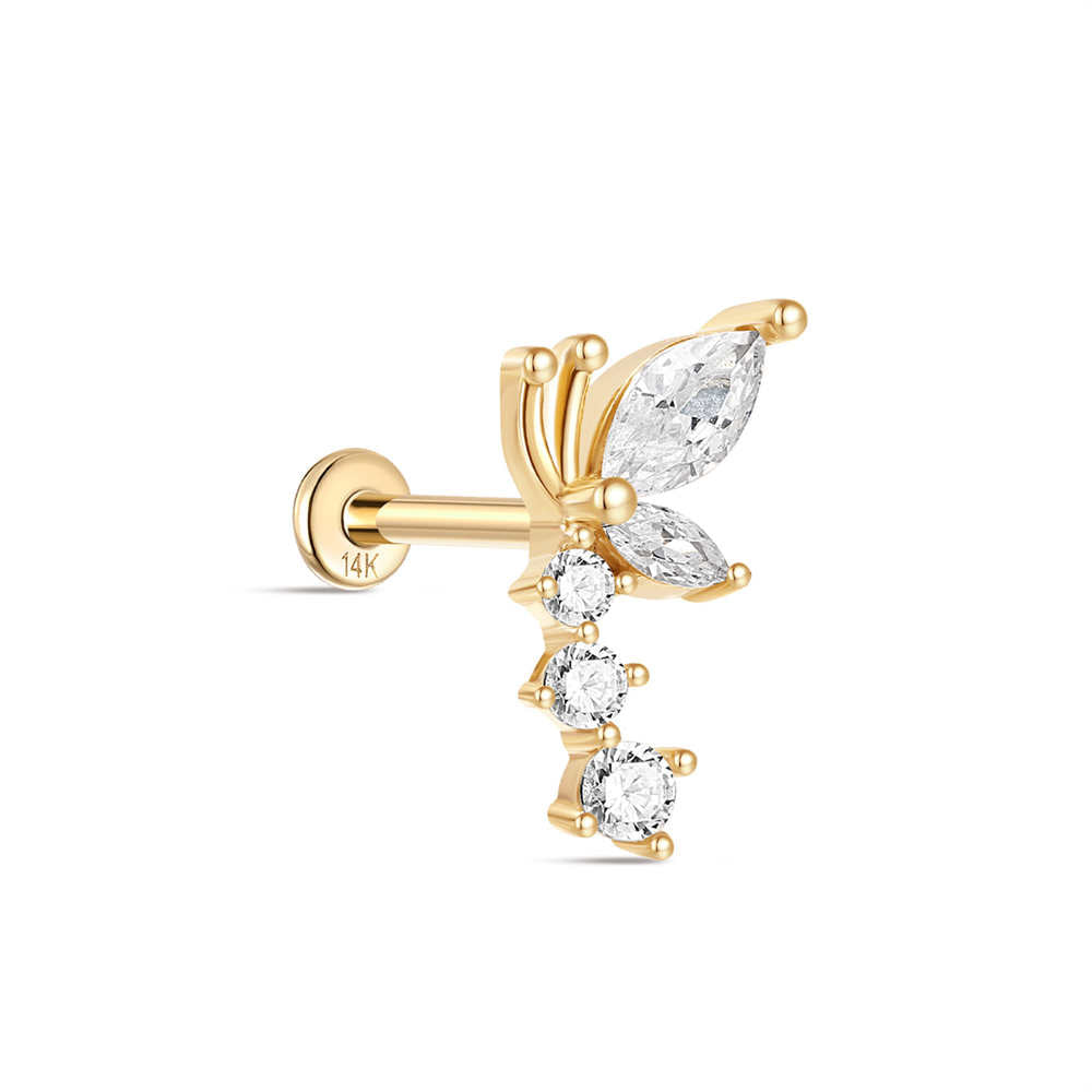 14K Solid Gold Marquise-Cut CZ Dragonfly Flat Head Threaded Cartilage Piercing Stud