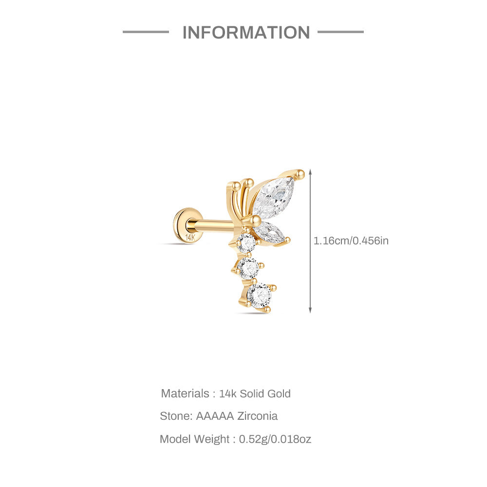 14K Solid Gold Marquise-Cut CZ Dragonfly Flat Head Threaded Cartilage Piercing Stud