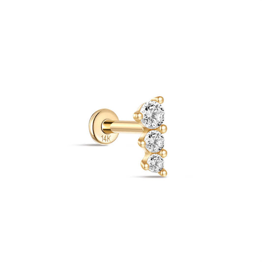 14K Solid Gold CZ Row Threaded Cartilage Piercing Stud