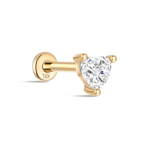 14K Solid Gold Classic Heart CZ Flat Head Threaded Cartilage Piercing Stud