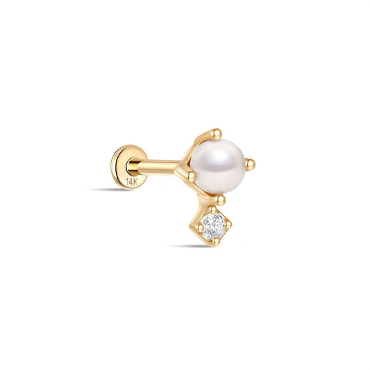 14K Solid Gold Four-Prong Pearl Flat Head Threaded Cartilage Piercing Stud