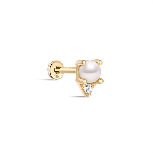 14K Solid Gold Pearl & CZ Flat Head Threaded Cartilage Piercing Stud