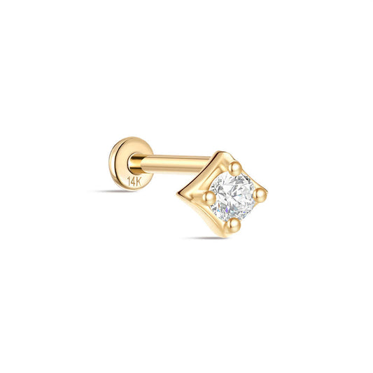 14K Solid Gold Simple Four-Prong CZ Flat Head Threaded Cartilage Piercing Stud