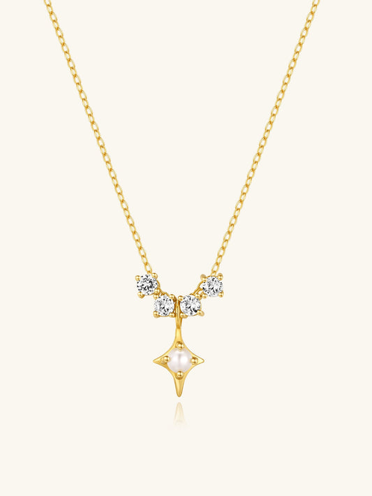 S925 Sterling Silver Flowing Zirconia Quadrangle Pearl Necklace