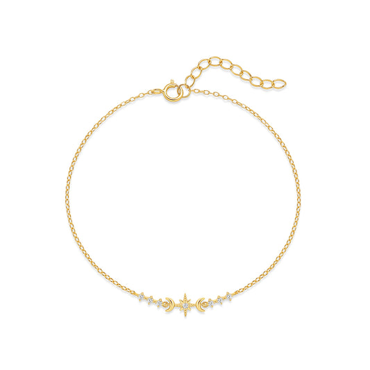 Gold Vermeil S925 Sterling Silver Geometric Star and Moon CZ Minimalist Bracelet