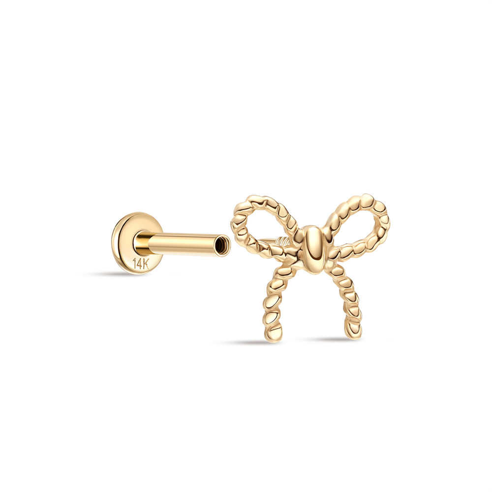 14K Solid Gold Bow Flat Head Threaded Cartilage Piercing Stud