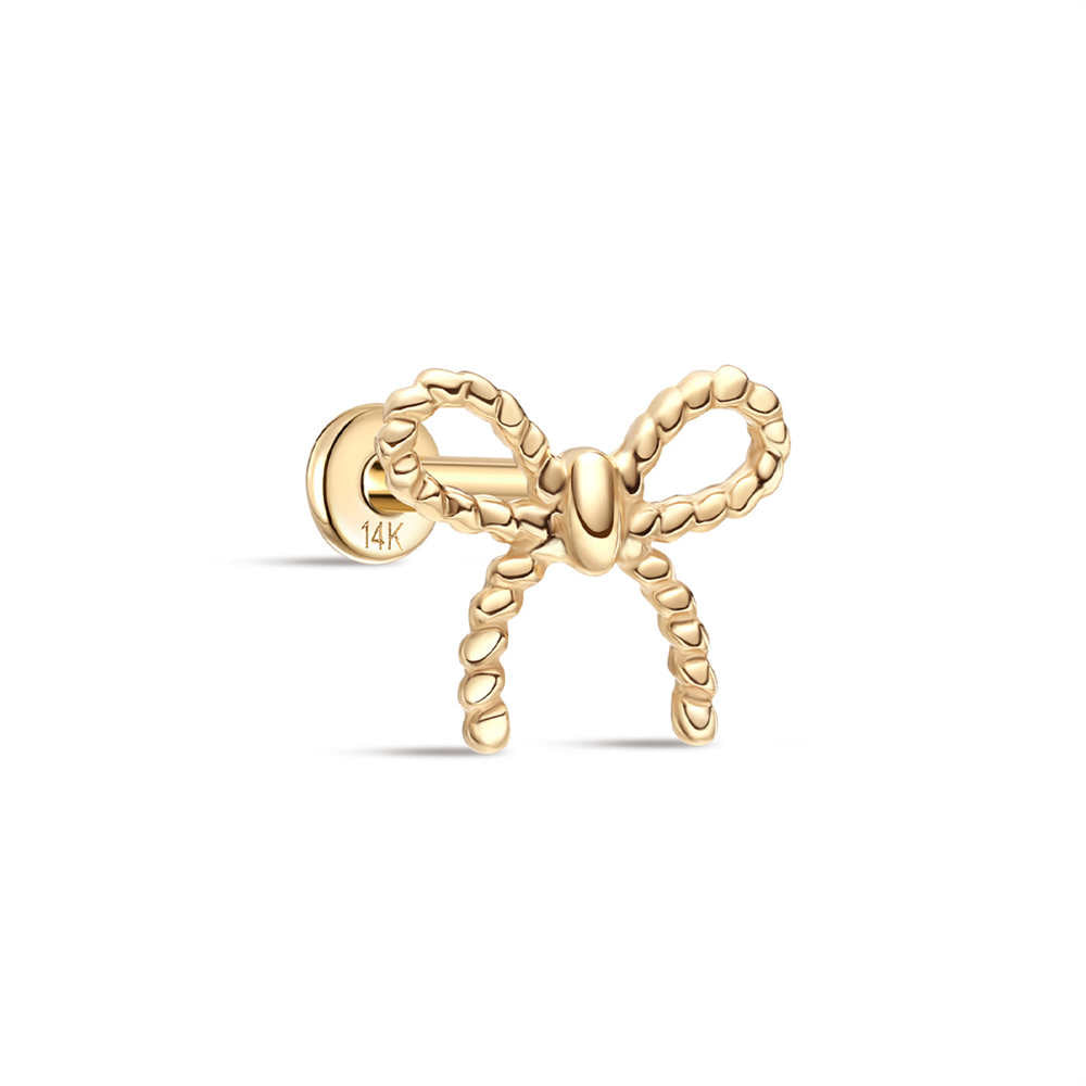 14K Solid Gold Bow Flat Head Threaded Cartilage Piercing Stud