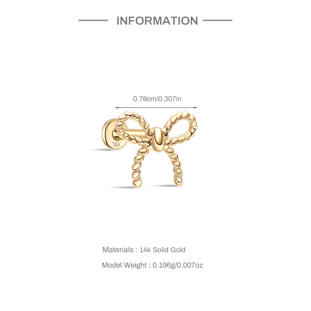 14K Solid Gold Bow Flat Head Threaded Cartilage Piercing Stud